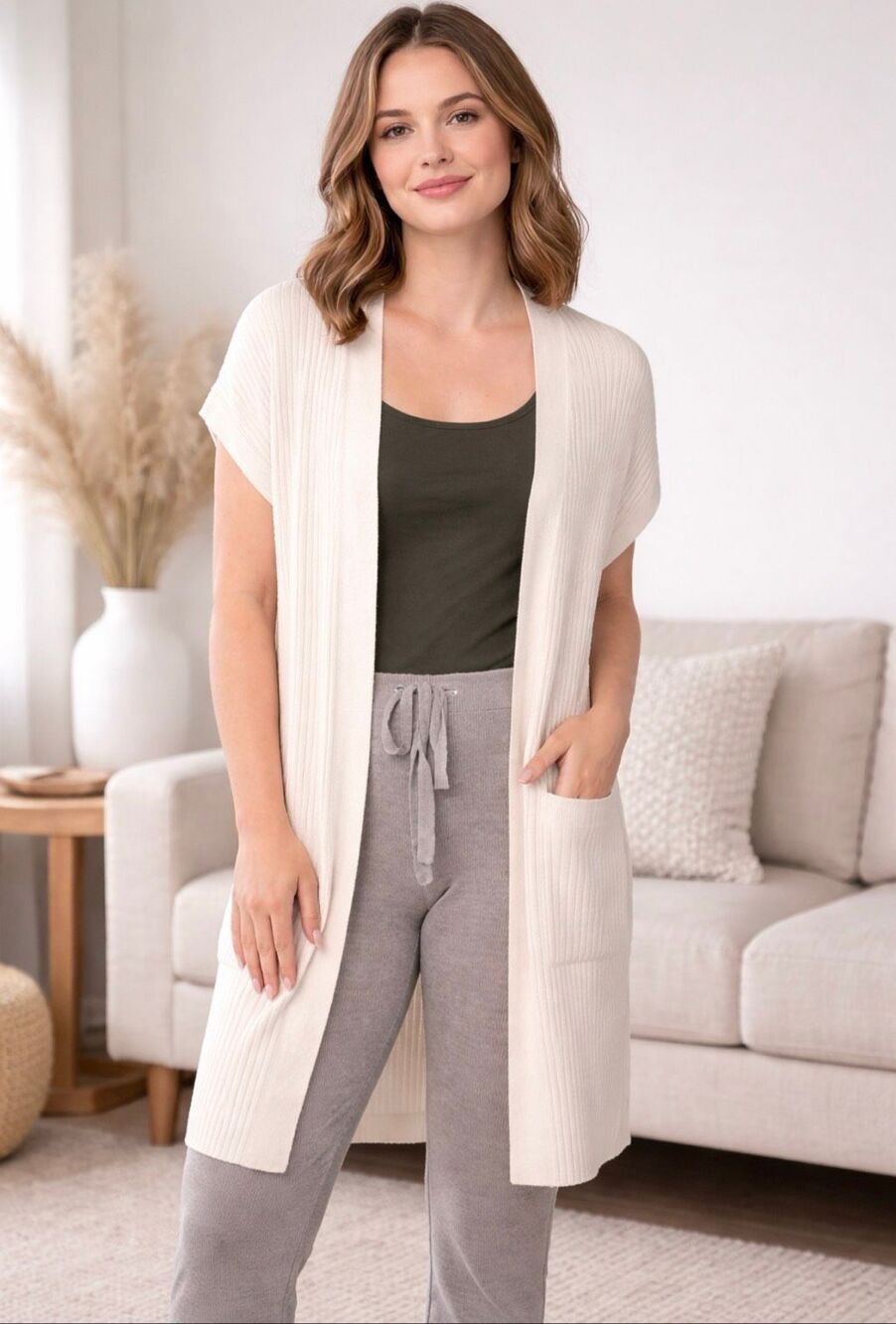 Barefoot Dreams CozyChic Ultra Lite Ribbed Open Front Vest Almond L NWT